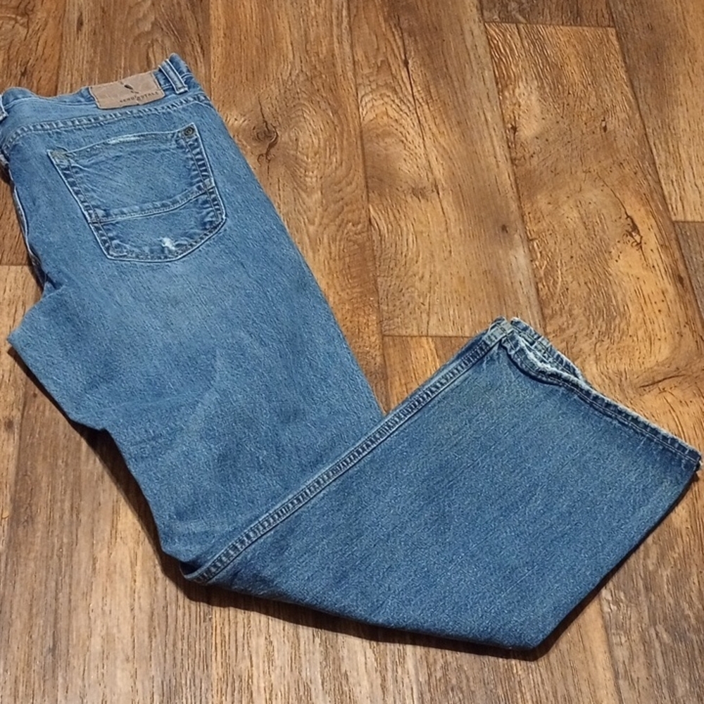 Aeropostale Men's Straight Blue Jeans With Distressed Leather Patch Vintage Y2K